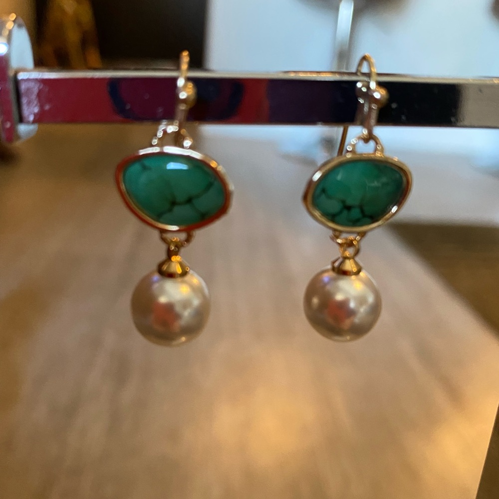 18kt gold plated drop earrings turquoise with pear drop. jewelry a hanging loop - Picture 11 of 11